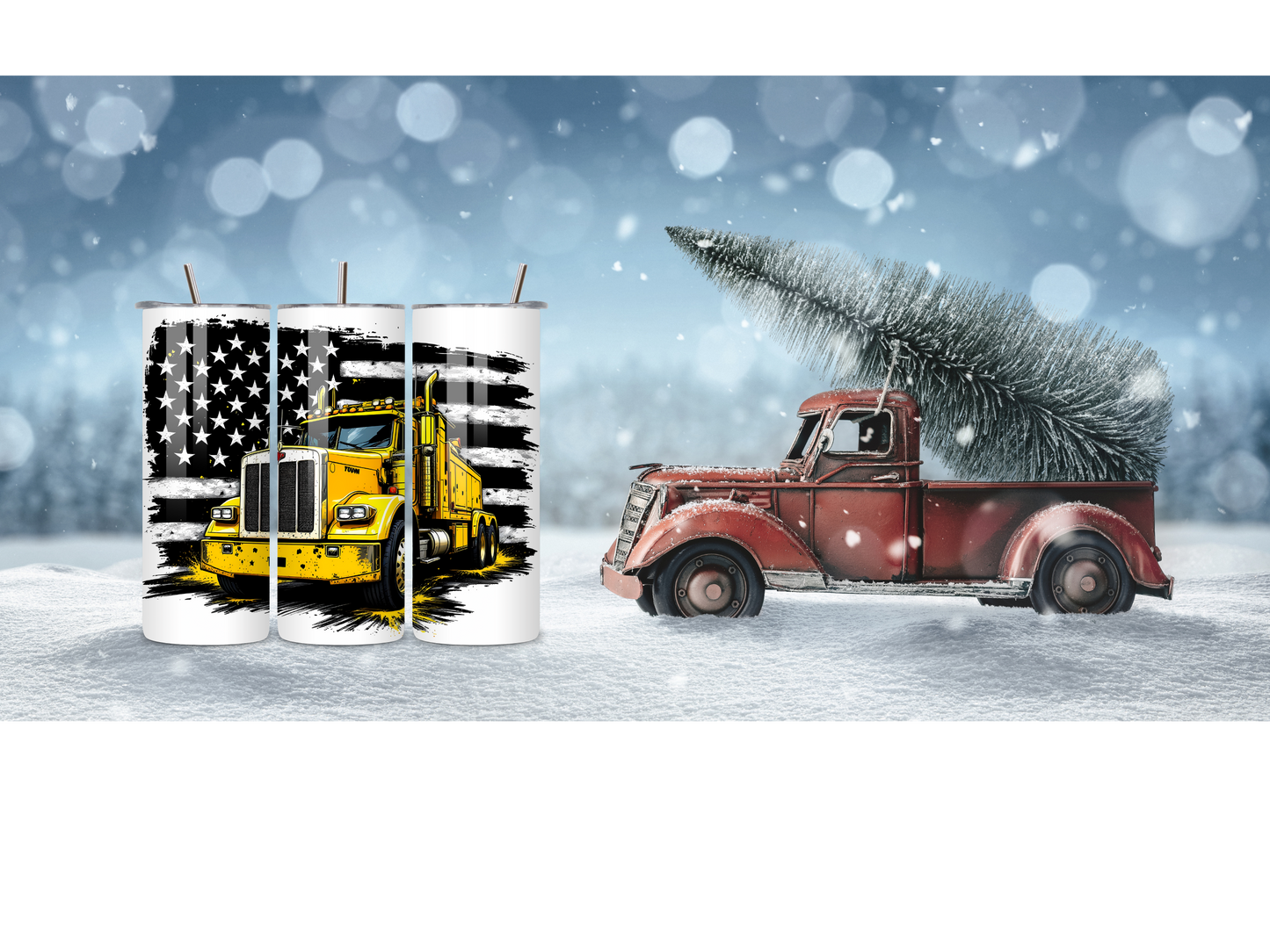 Yellow truck and Flag Tumbler 20oz