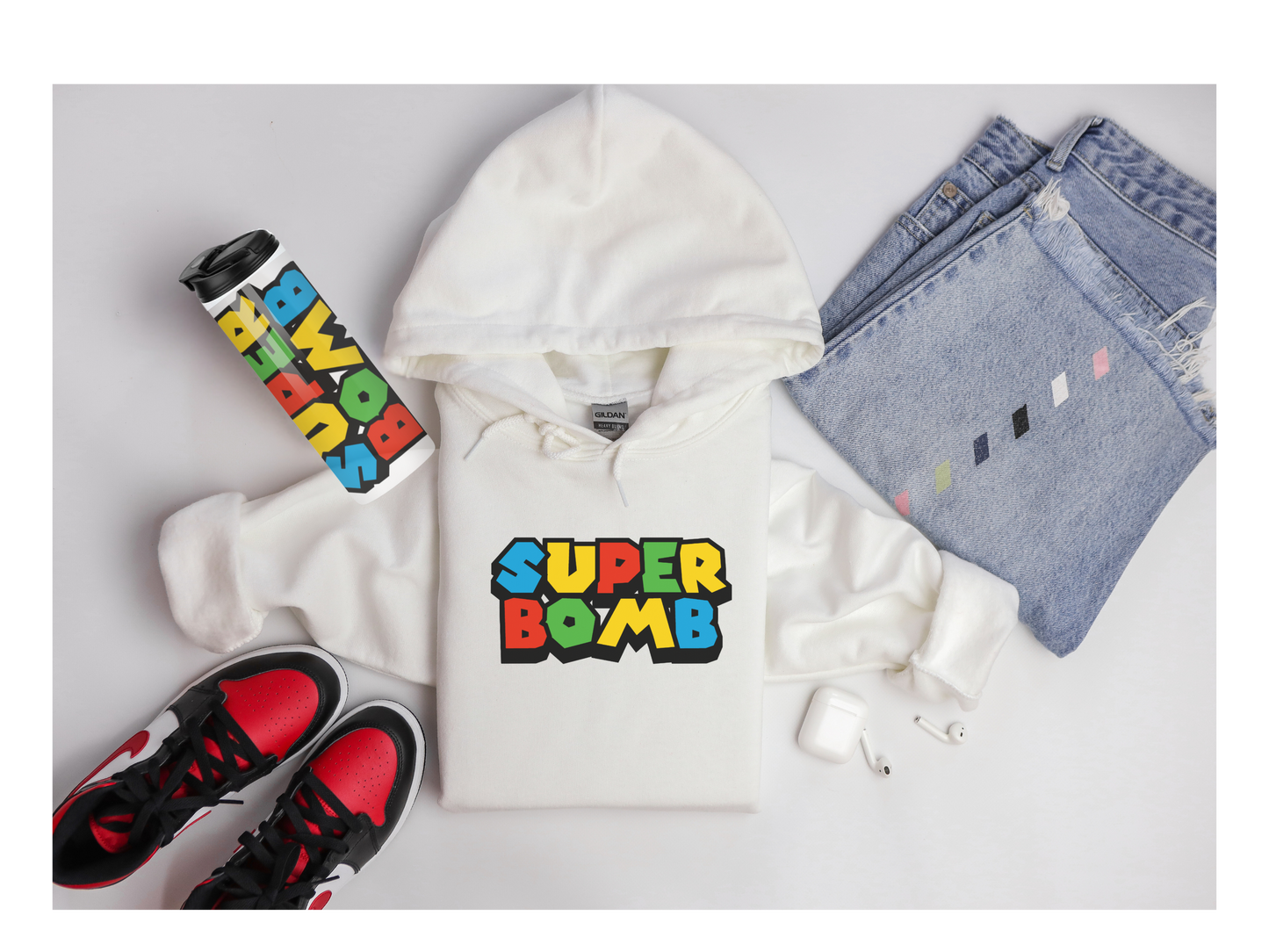 SUPER BOMB Hoodie and Tumbler Bundle.